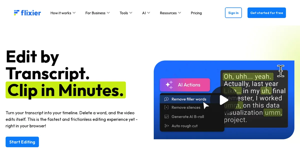 Screenshot von Flixier Edit by Transcript