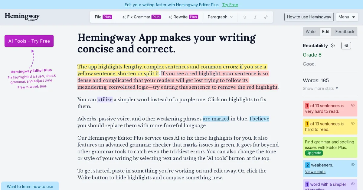 Screenshot von Hemingway Editor