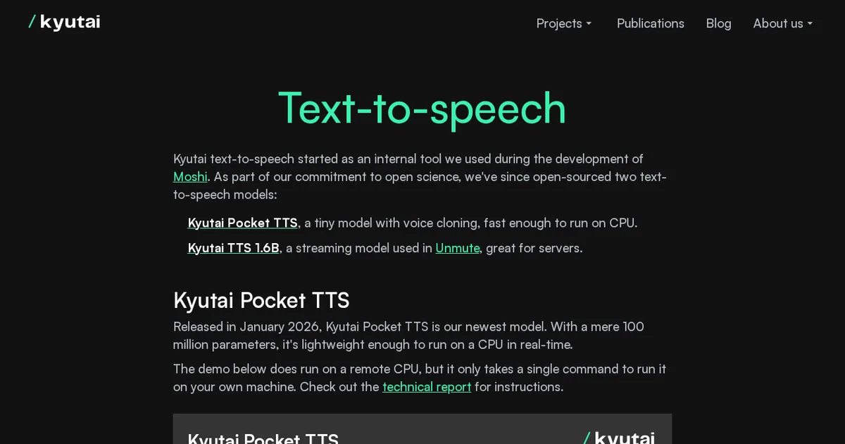 Screenshot von Kyutai TTS